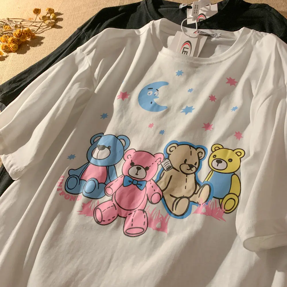 Женская хлопковая футболка с изображением медведя большого размера лето 2021 плюс