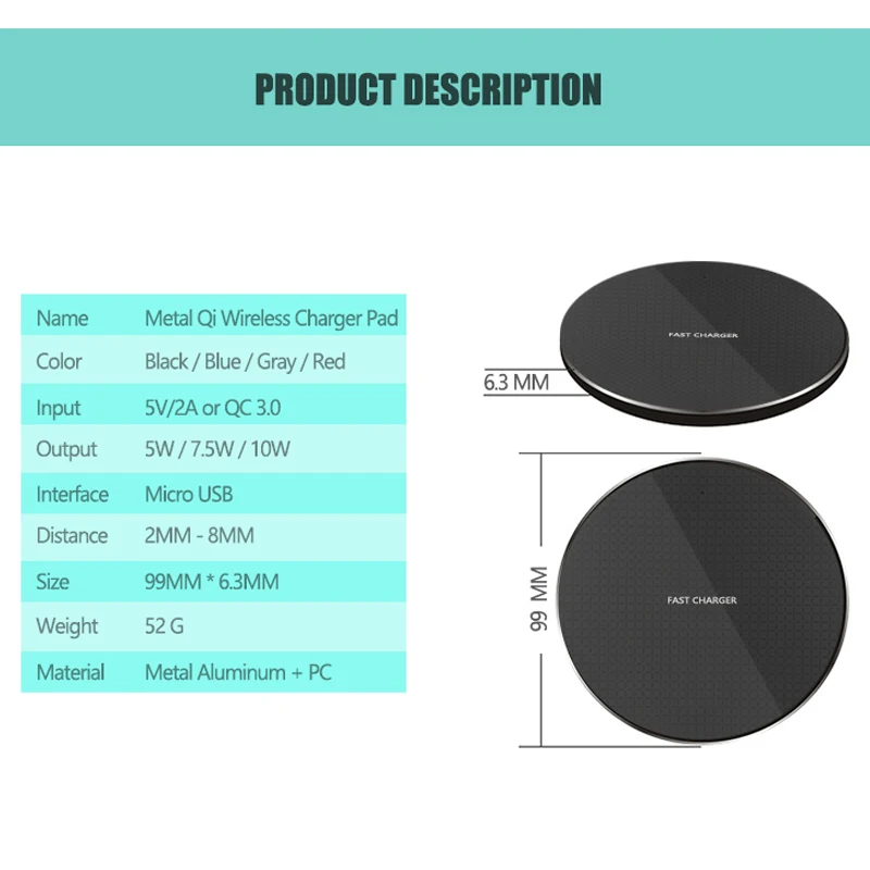 10w qi wireless charger pad for samsung s21 s20 note 10 iphone 12 11 pro xs max x 8 metal wireless fast charging quick charge free global shipping