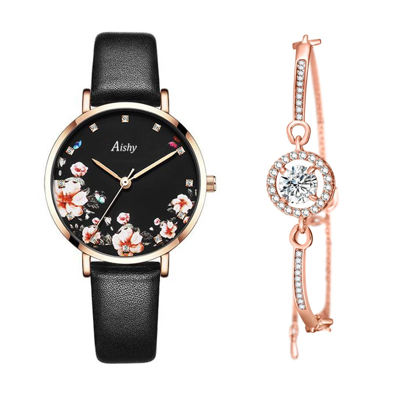 

Women's Quartz Watches Leather Strap Stainless Steel Band Watch With Bracelet Ladies Wristwatch Fresh Style Gift For Female