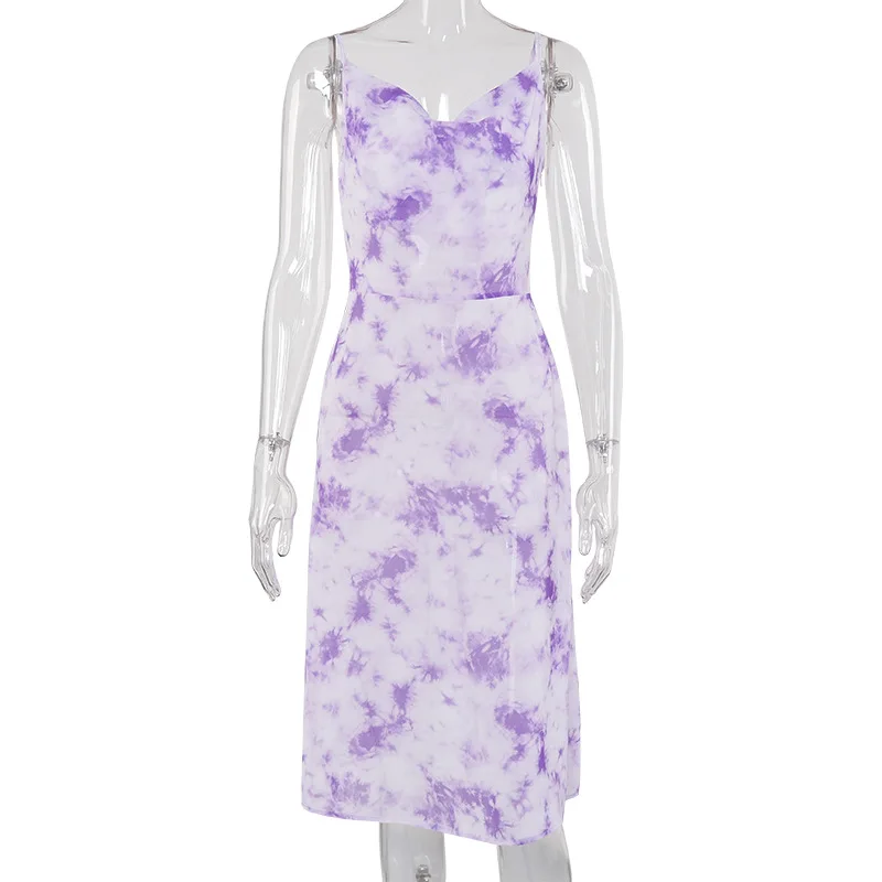 Женское пляжное платье без рукавов фиолетовое камуфляжное облегающее на