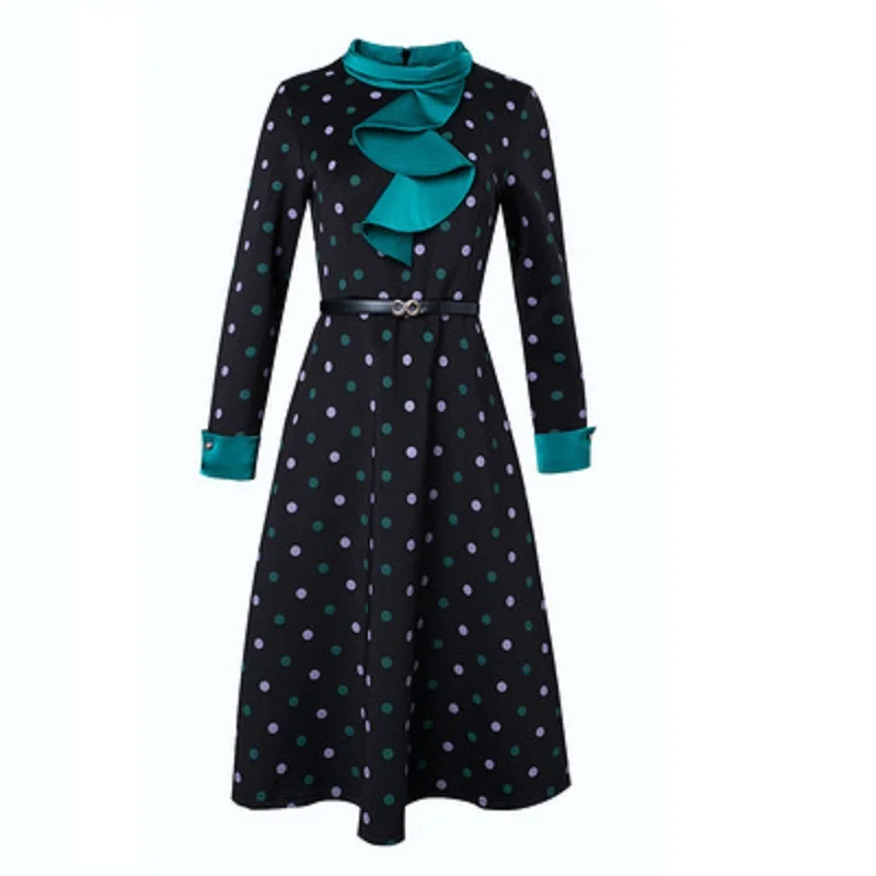 

Full Sleeve Polka Fashion dot Casual dress women Spring and autumn O-neck 2021 new high waist print A-line dresses with belt