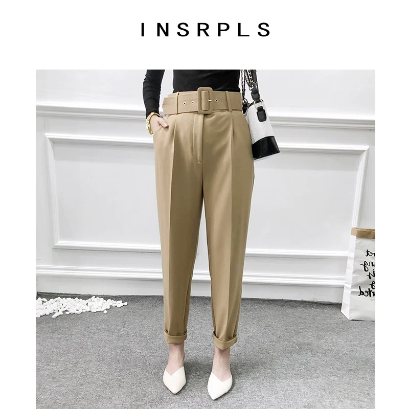 

INSRPLS Women Fashion With Belt Side Pockets Office Wear Pants Vintage High Waist Zipper Fly Female Ankle Trousers Mujer
