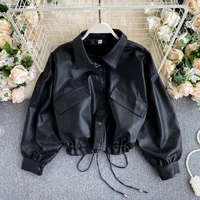 vintage bf style casual loose pu leather jacket coat womens street style drawstring large pocket slim short motorcycle jacket