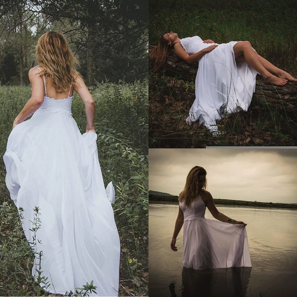 

Длинное шифоновое пляжное винтажное свадебное платье, на тонких бретелях, с аппликацией и открытой спиной