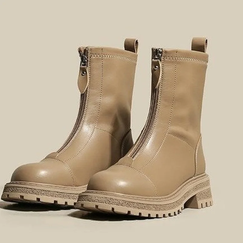 

Autumn Women's Nude Boots Solid Color Front Zipper Thick-soledMotorcycle BootsLadies Fashion Round Toe Low-heeled Non-slip Shoes