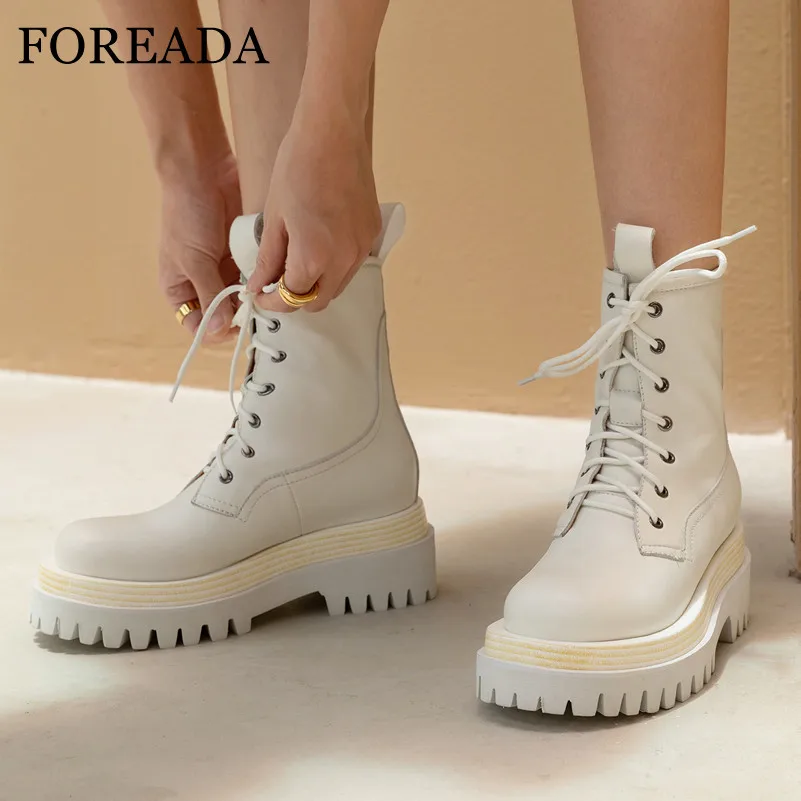 

FOREADA Platform Ankle Boots Woman Real Leather Motorcycle Boots Lace Up High Heel Shoes Block Heel Female Short Boots White 40