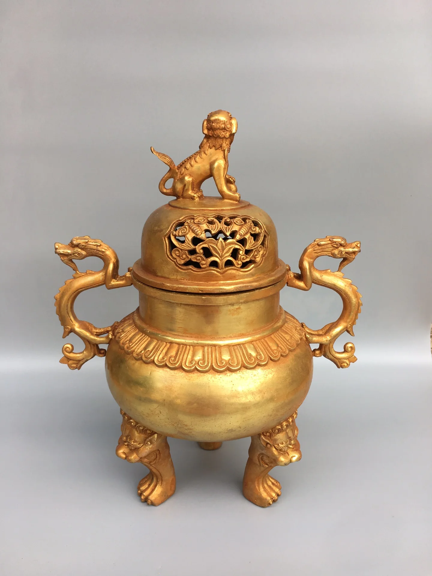 

15"Chinese Folk Collection Old Bronze Gilt Lion statue Dragon Binaural Three-legged incense burner Office Ornaments Town House