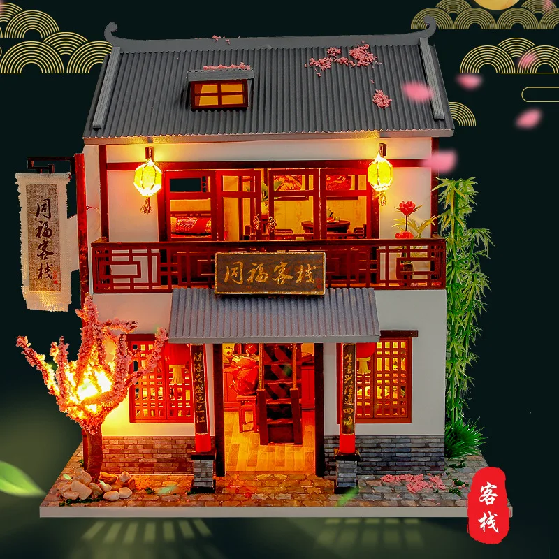

DIY Chinese Architecture Inn Wooden Dollhouse Miniature Furniture With LED Kits Doll Houses Assemble Toys Kids Christmas Gift