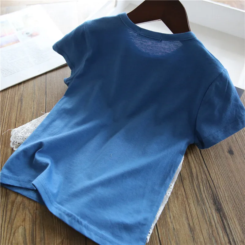 

Girls Clothes 2021 Summer Girls Fake Two-piece Lace Cotton Short-sleeved T-shirt Fashion Children's Baby Round Neck Clothes