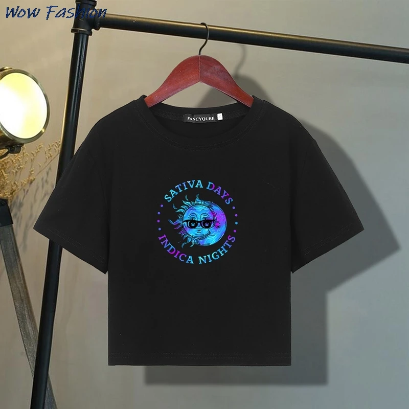 

A Fashion T-Shirt For Women Casual O-Neck Hit Color Print Short Sleeve Cropped Tops Streetwear Female All Match Cotton Tees