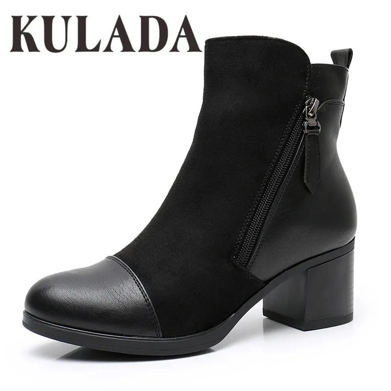 

KULADA Boots Women Double Zippers Ankle Boots Women Suede Leather Boots Women High Heels Thick Soles Basic Botas Mujer