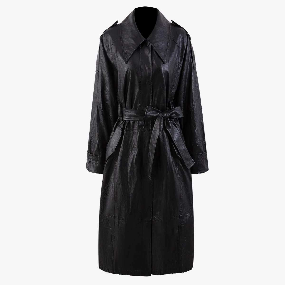 

Winter Lapel Pleated Drawstring Design Loose Long Sleeve Bandage Windbreaker Simple Women Fashion Coat Ee24