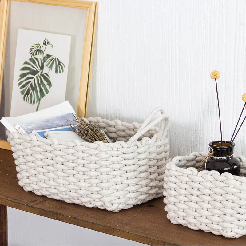

Nordic Style Hand-Knitted Thick Cotton Rope Storage Box Simple Storage Basket Snack Key Desktop Sundries Basket