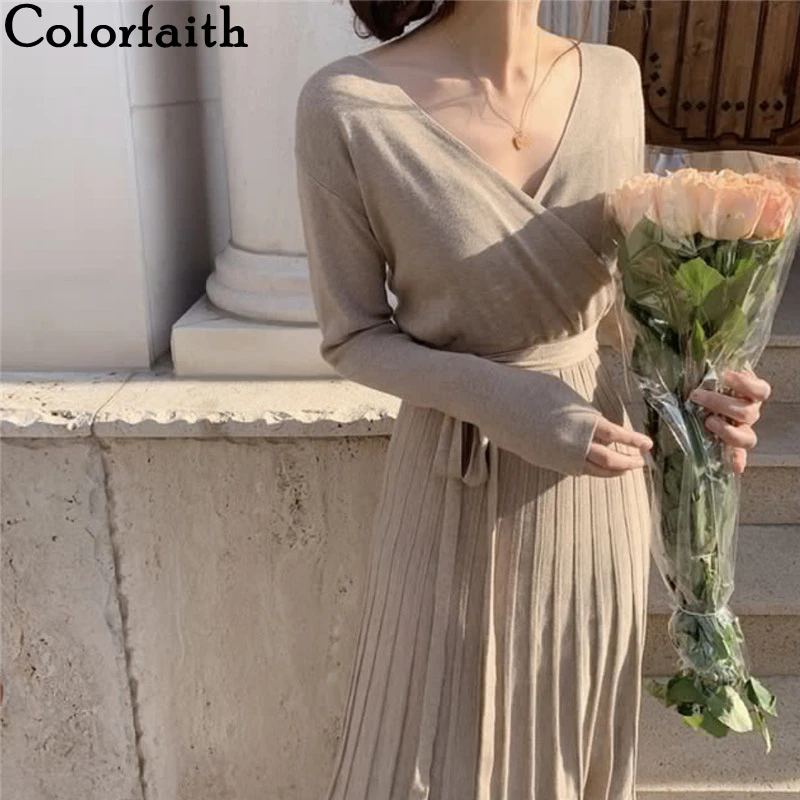 

Colorfaith New 2021 Women Autumn Winter Dresses Elegant Lady Vintage Pleated Knitting Fashionable Lace Up Long Dresses DR1653