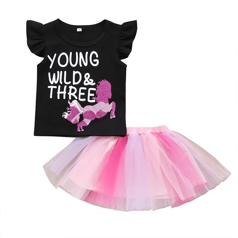 

2021 Summer Children Sets Casual Sleeveless O Neck Print Horse Tops Mesh Skirt 2Pcs Girl Boys Clothes Sets 9M-5T