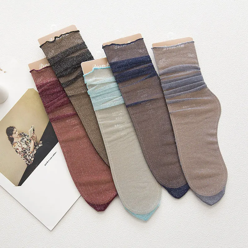 

Women Shiny Socks Trendy Fashion Girls Glitter Short Socks Spring Summer Thin Gauze Transparent Lady Sox Soft Comfortable New