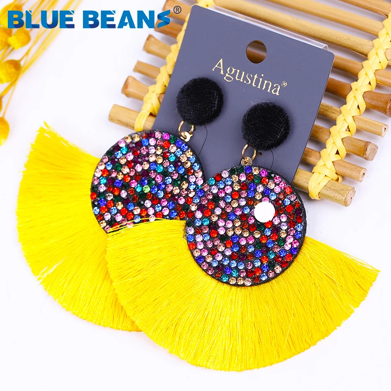 Женские крупные серьги ручной работы геометрические с бахромой желтые красные