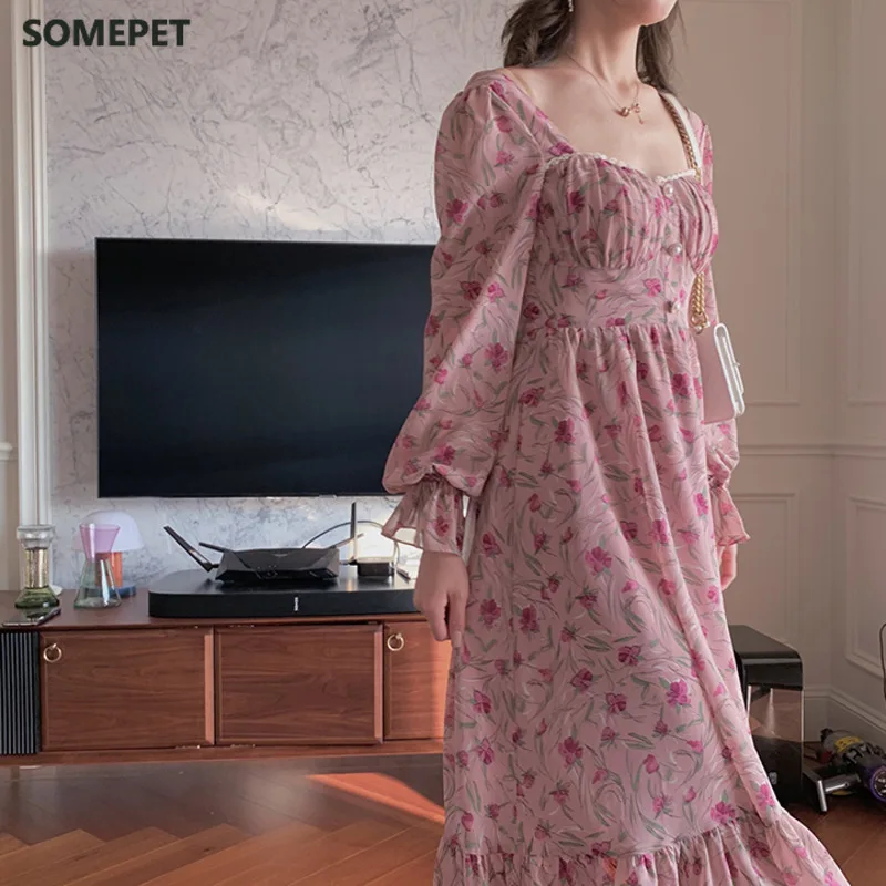 

Elegant Vintage Floral Print Chiffon Long Dress Women Buttons Slim Waist Vacation Boho Beach Dress Robe Longue Vestido