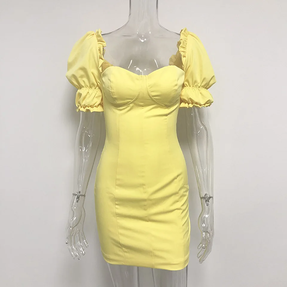 Yellow Karlofea, женское элегантное платье-карандаш, милое платье с пышными рукавами для отпуска, сексуальное облегающее платье с квадратным вырезом, одежда для вечеринок с открытыми плечами, Vestidos - Цвет: Yellow