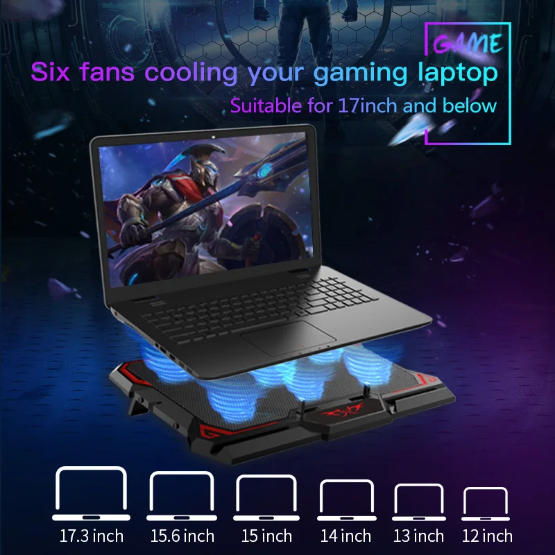 COOLCOLD 17inch Gaming Laptop Cooler Six Fan Led Screen Two USB Port 2600RPM Laptop Cooling Pad Notebook Stand For Laptop images - 6