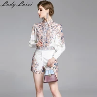 runway designer casual holiday vacation shorts set womens long sleeve print blouses shorts two pieces set suit