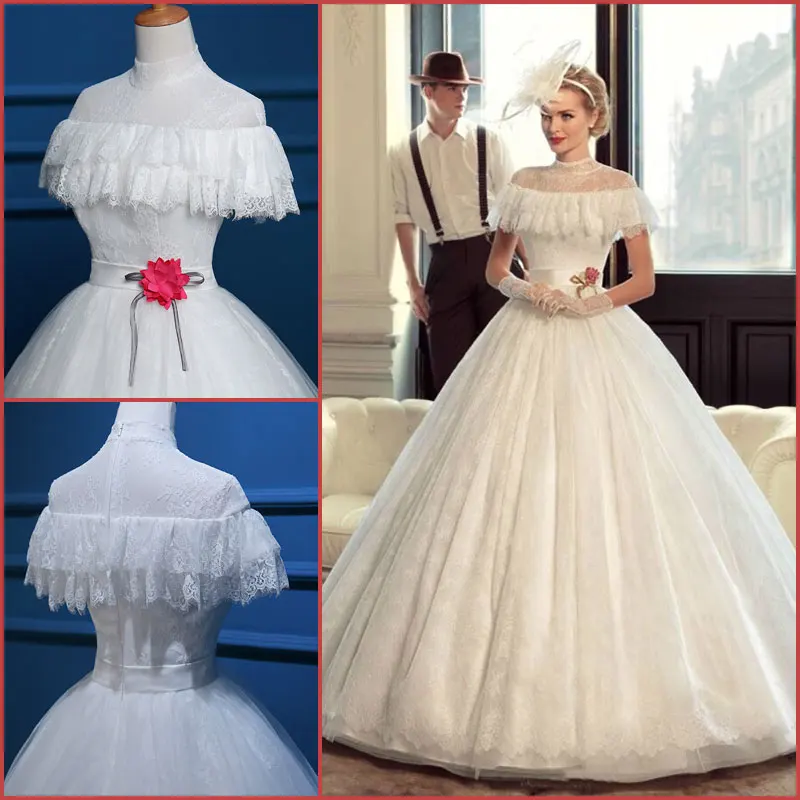 

Женское кружевное бальное платье с высоким воротом, рукавом-крылышком и цветочным поясом, свадебные платья на заказ, 2020