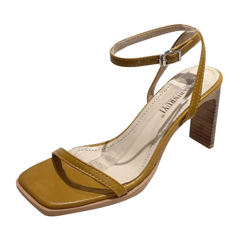 

2021 Sandals Comfort Shoes for Women Square Toe High Heels Suit Female Beige Buckle All-Match New Fashion High-heeled Black Open