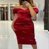 sexy red satin short evening dress with short sleeve off the shoulder knee length night party dress cheap women prom dresses
