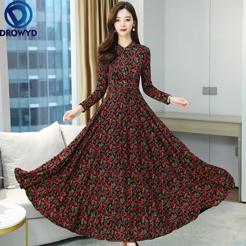 

2021 Vintage Plus Velvet Warm Thicken Knitting Cotton Dress Autumn Winter Floral Chic Women Bodycon Party Runway Maxi Vestidos