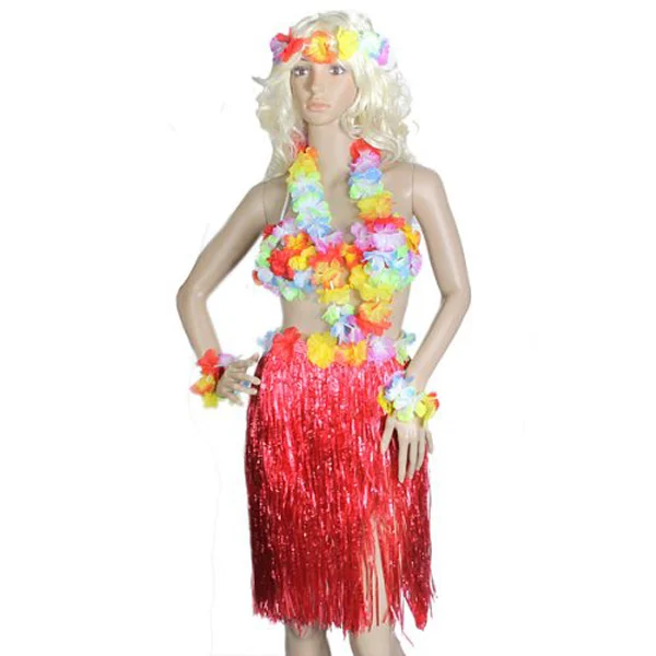 

5-in-1 Hawaii Tropical Hula Grass Dance Skirt & & Flower Bracelets & Headband & Necklace Set (Red)