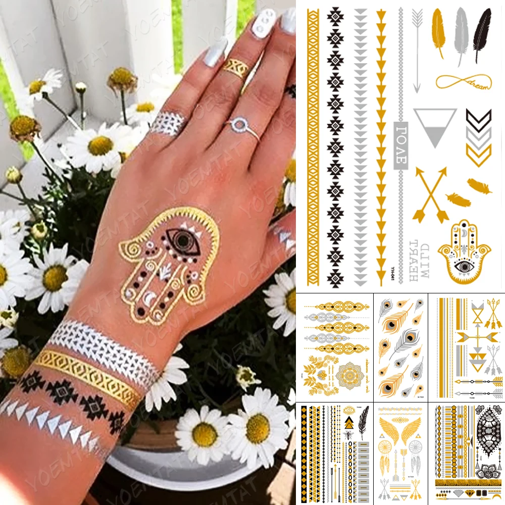 

Waterproof Temporary Tattoo Sticker Metallic Gold Silver Bracelet Jewelry Flash Tatoo Women Hina Fatima Hand Body Art Fake Tatto