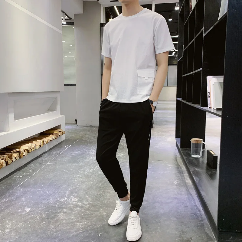 

2020 summer leisure suit men's ice silk short sleeve top Korean fashion sports set with handsome men's wear