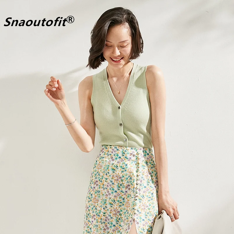 

Snaoutofit Spring Summer V-Neck Sleeveless Bottoming Shirt Slim Knit 100% Pure Wool Cardigan Camisole 2021 Women's Clothing