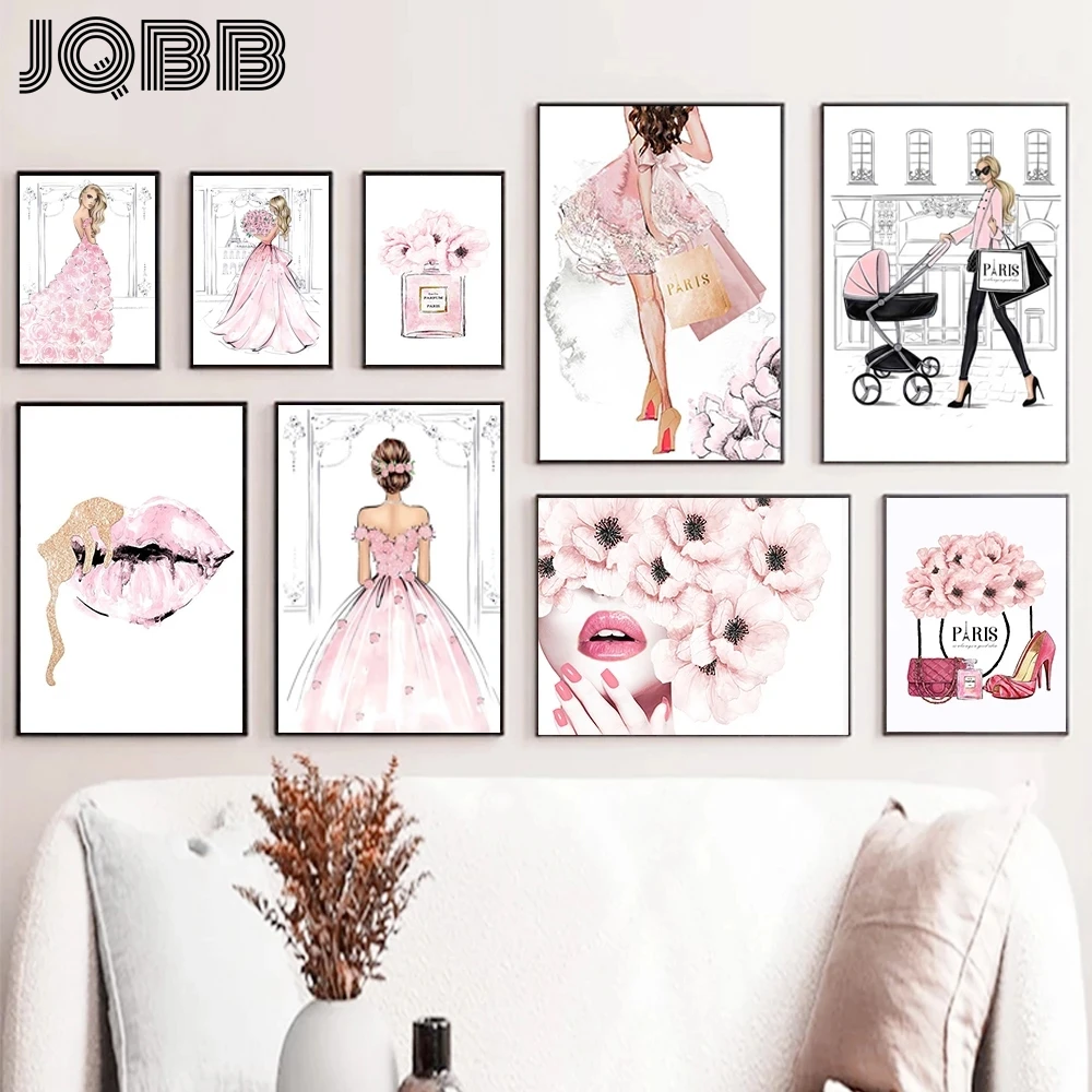 

Pink Flower Dress Fashion Girls Makeup Poster Sexy Woman Lips Perfume Shoes Canvas Prints Picture Lady Paintings Home Decoration