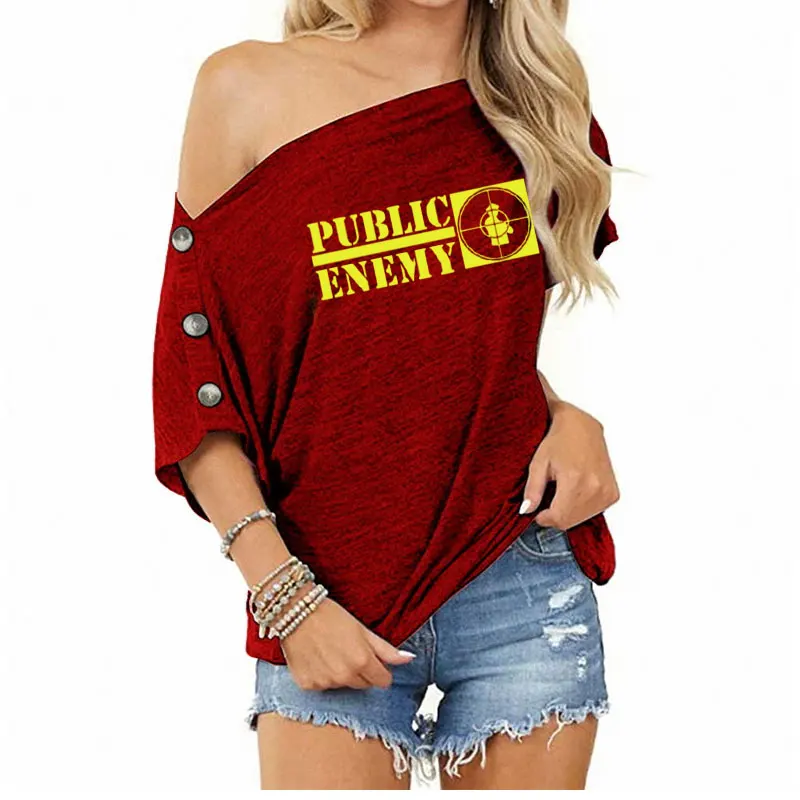 

new print with Public Friends rock music short sleeve loose shoulder strap women's casual cotton casual T-shirt