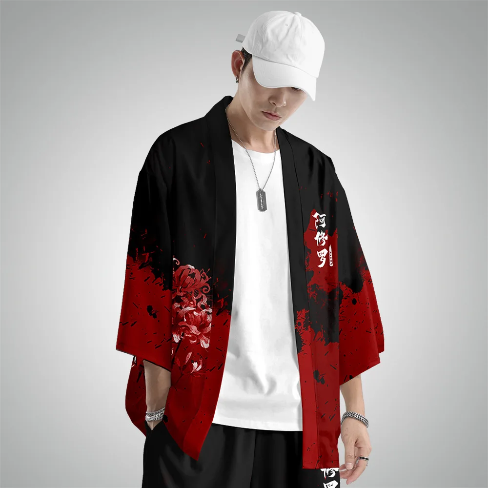 

Classic Red and Black Contrast Suit 2021 Summer Fashion Angry Demon Print Tops & Cropped Trousers Streetwear 2ps Men