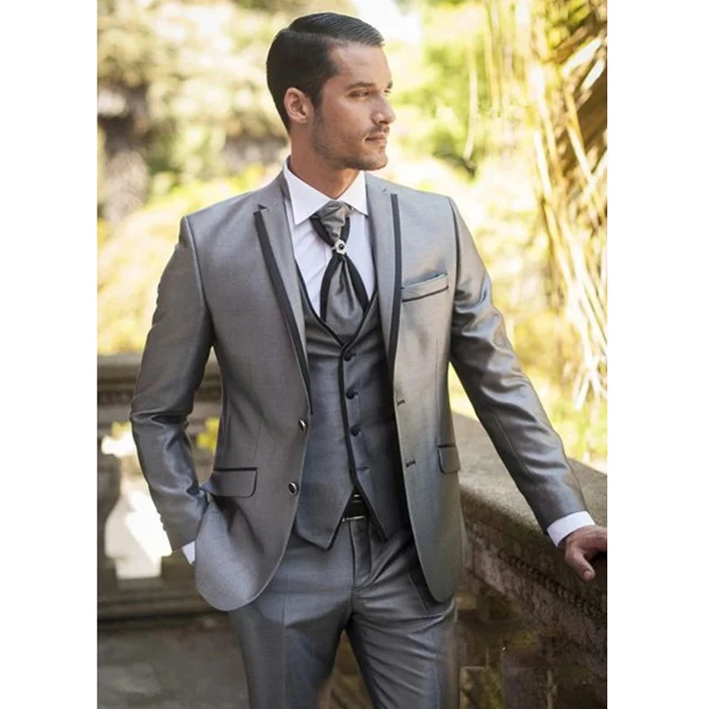 Mens Suits 3 PICS Sliver Lapel Single Breasted Tuxedos For Wedding Men Suit Slim Costume Homme Clothing (Jacket+Pants+Vest)