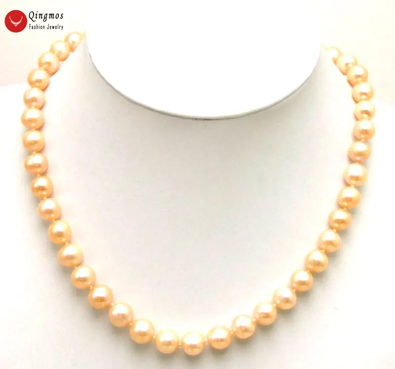 Qingmos Fashion 9-10mm Round Pink Natural Freshwater Pearl Necklace for Woman 17 inch Chokers Necklace with Ball Clasp nec5285