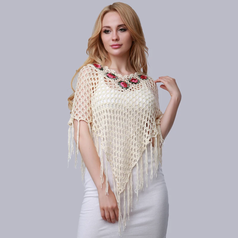 Summer Women High-grade Crochet Hook Flower Fringed Cloak Knitting Hollow Out Female Irregular Shawl Top | Женская одежда