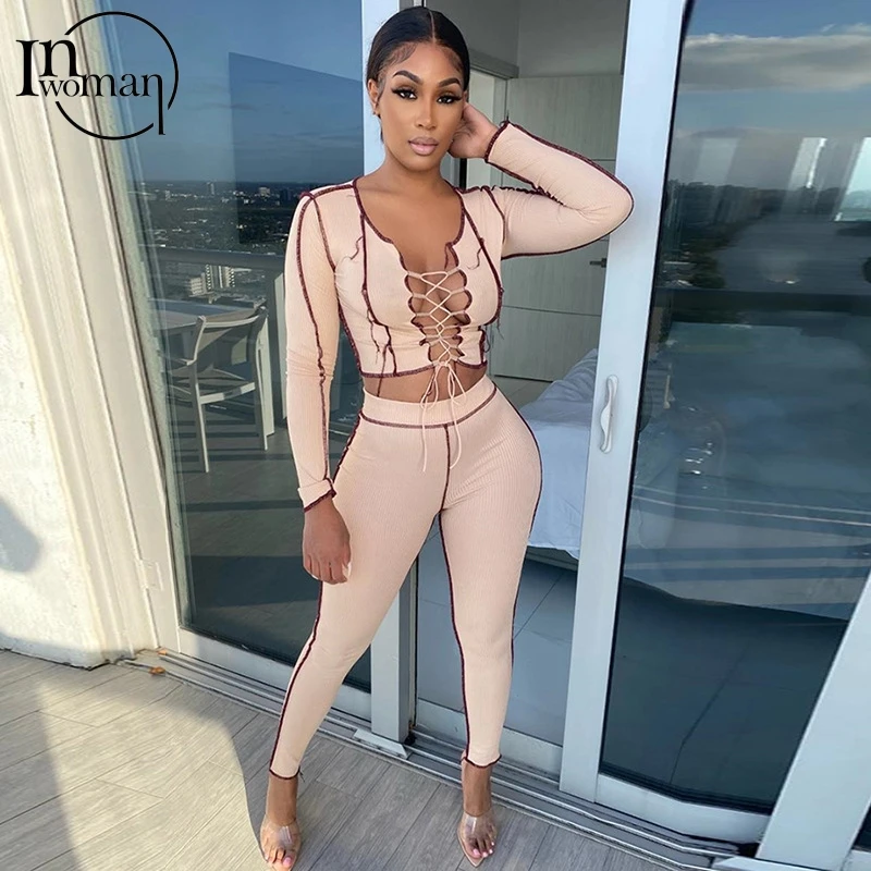 

IWOMAN Lace Up Long Sleeve Sexy Bodycon Crop Top Women High Waist Leggings Female 2 Two Piece Set Outfits Women Matching Sets