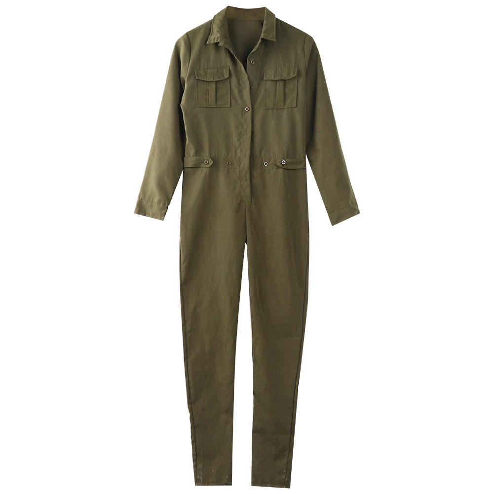 

2021 Hot Sale Ladies Sexy Vintage Romper Long Pants Women Slim Bodycon Jumpsuit Long Sleeve Army Green Solid Casual Cargo Pants