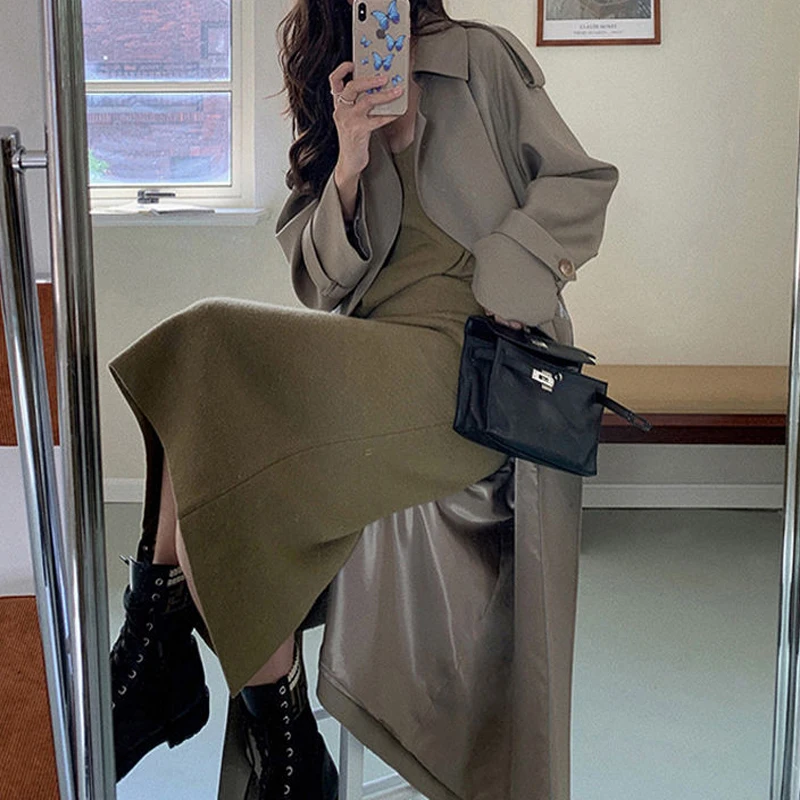 Женское двубортное платье-ветровка элегантное весеннее платье-макси в Корейском