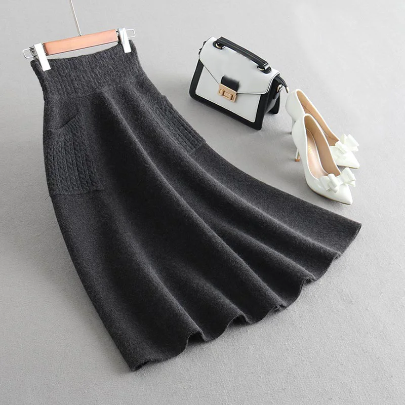 

Sherhure 2019 High Waist Women Winter Wool Knitting Long Skirts Faldas Jupe Femme Saia Vintage Women Black Skirt With Pocket