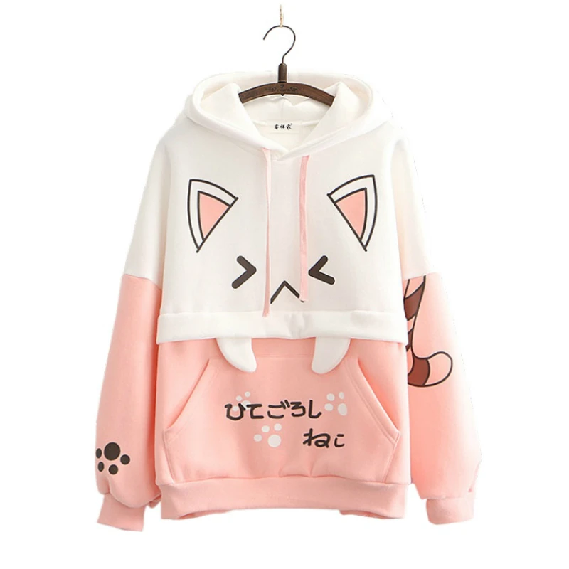 

Harajuku Pink Hoodies Cartoon Cat Printed Hooded Sweet Sweatshirt Women 2021 Winter Thick Warm Female Cute Kawaii Tops Tracksuit
