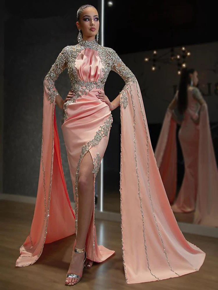 Luxury Pink Mermaid Prom Dresses Sheer Beading Long Sleeves Evening Gowns robe de soiree