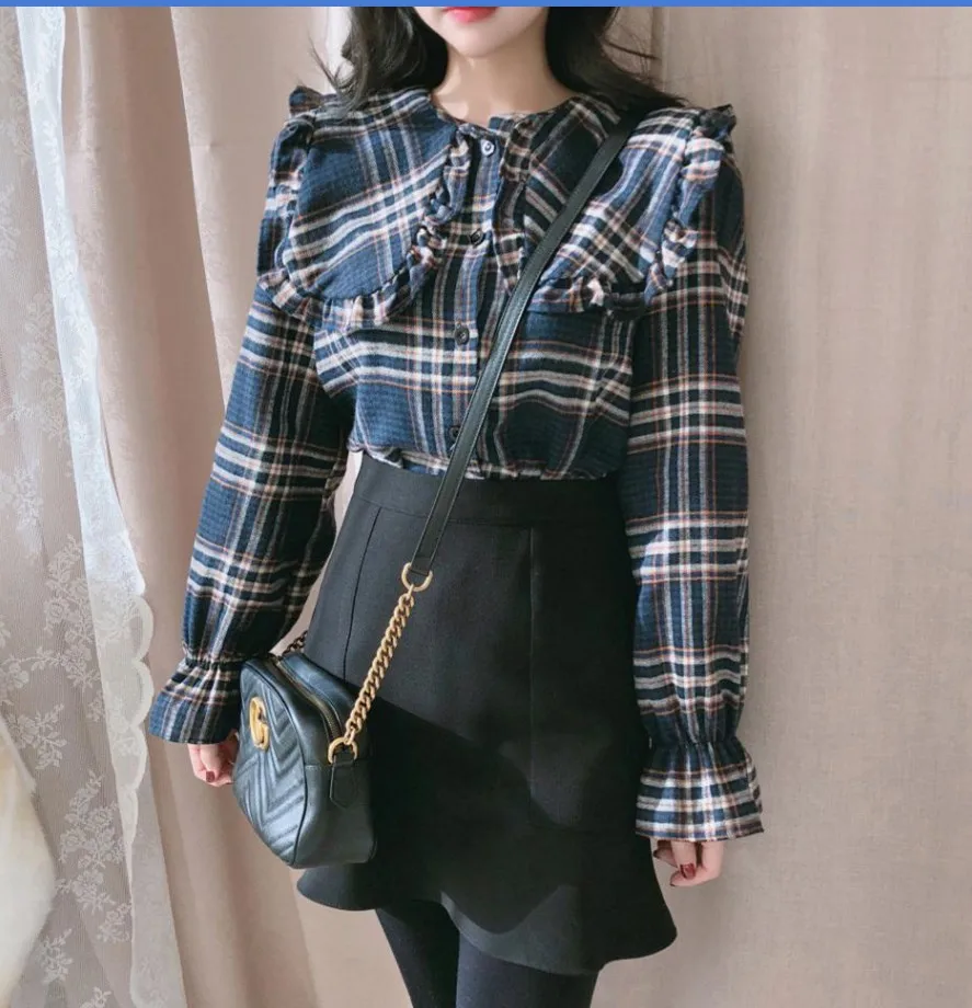Клетчатая рубашка кардиган винтажные Женские топы с длинными рукавами блузка