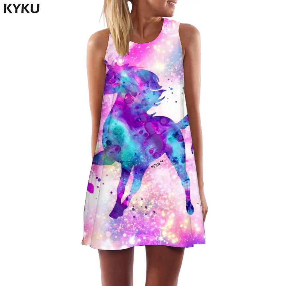 

KYKU Unicorn Dress Women Animal Short Rainbow 3d Print Nebula Tank Womens Clothing Casual Ladies Cool High Quality