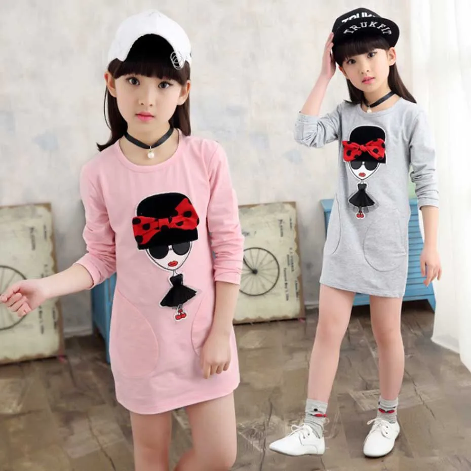 Kids Dresses For Girls Cartoon Patch Dress Dot Bow Party Girl Spring Autumn Cute Clothes 6 8 10 12 14 Year | Детская одежда и