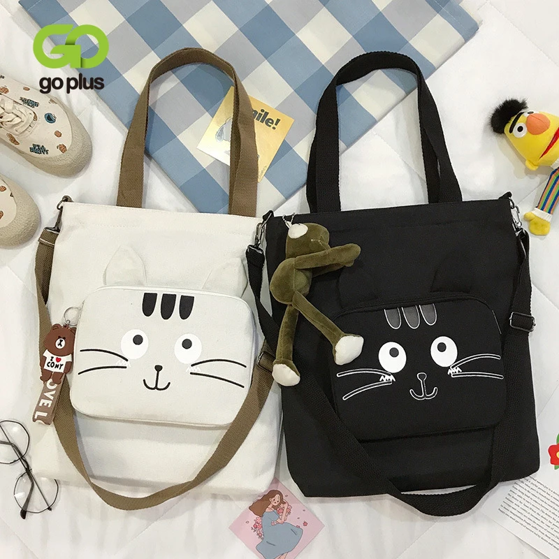 

GOPLUS Cute Cartoon Cat Women's Bag 2021 Autumn Solid Color Canvas Tote Travel Shoulder Bags Shopper Anime for Girls New Design