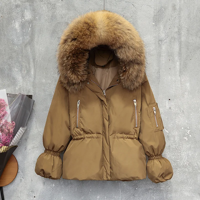 caramel colour Зимнее пальто настоящий Енот большой меховой воротник с капюшоном пальто для женщин 90% белый пуховик верхняя одежда теплая свободная парка Femme - Цвет: caramel colour